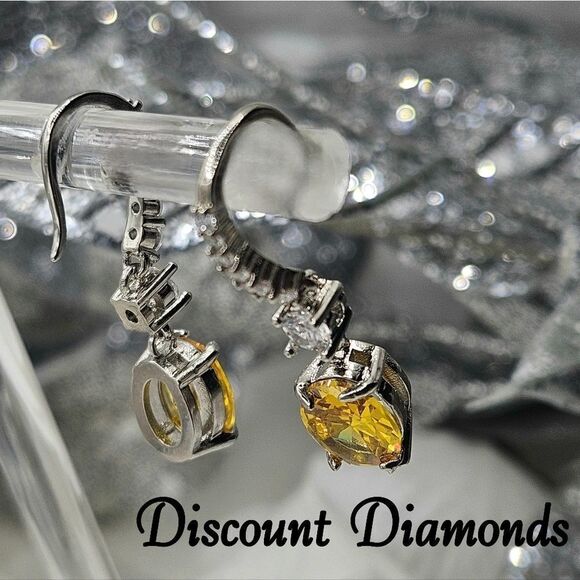 Oval Cut Yellow Diamond Earrings with Clear White Baguette Diamonds 925… - Picture 8 of 9
